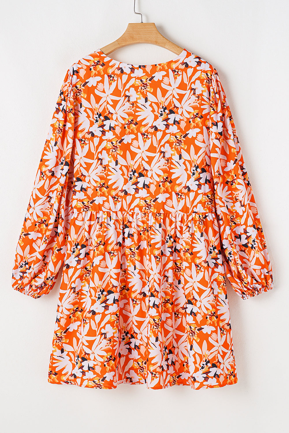 Orange Floral Print Split V Neck Bubble Sleeve Plus Size Midi Dress - Plus Size Dresses