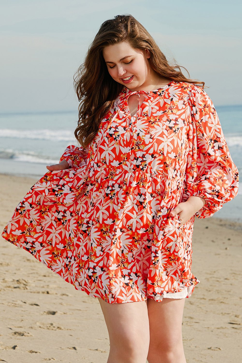 Orange Floral Print Split V Neck Bubble Sleeve Plus Size Midi Dress - MAD RUFFI