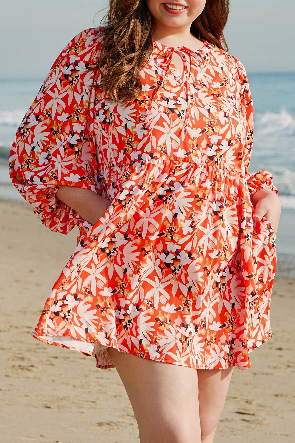 Orange Floral Print Split V Neck Bubble Sleeve Plus Size Midi Dress - MAD RUFFI