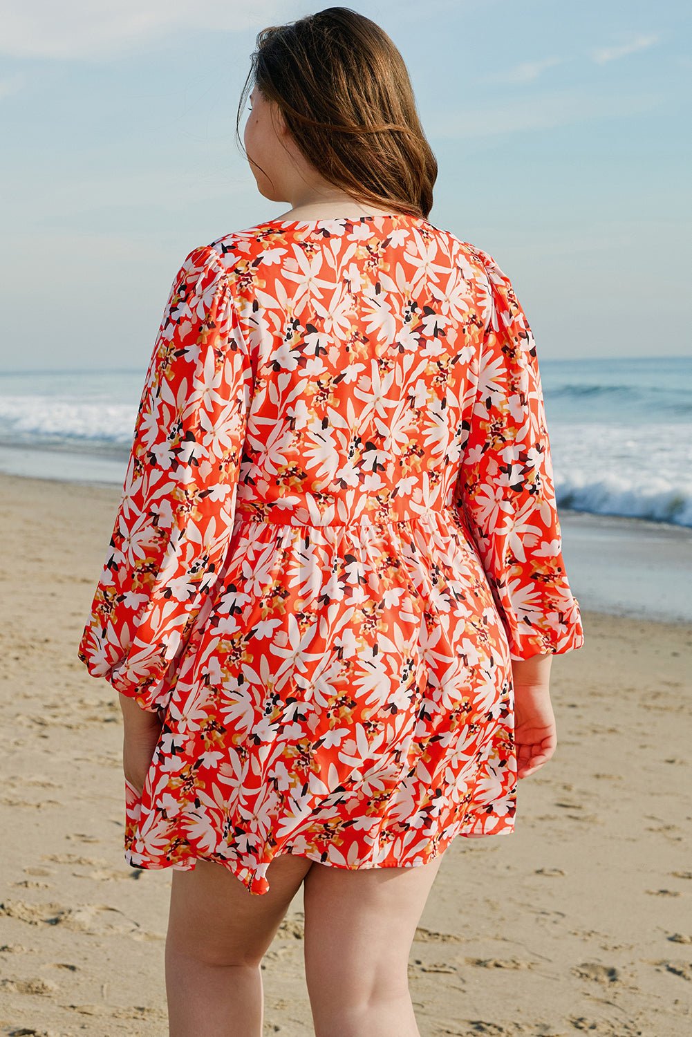 Orange Floral Print Split V Neck Bubble Sleeve Plus Size Midi Dress - MAD RUFFI