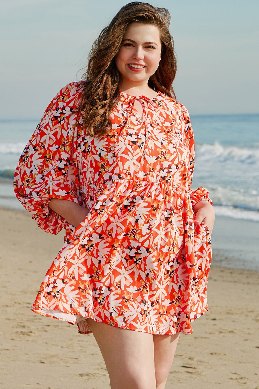 Orange Floral Print Split V Neck Bubble Sleeve Plus Size Midi Dress - MAD RUFFI