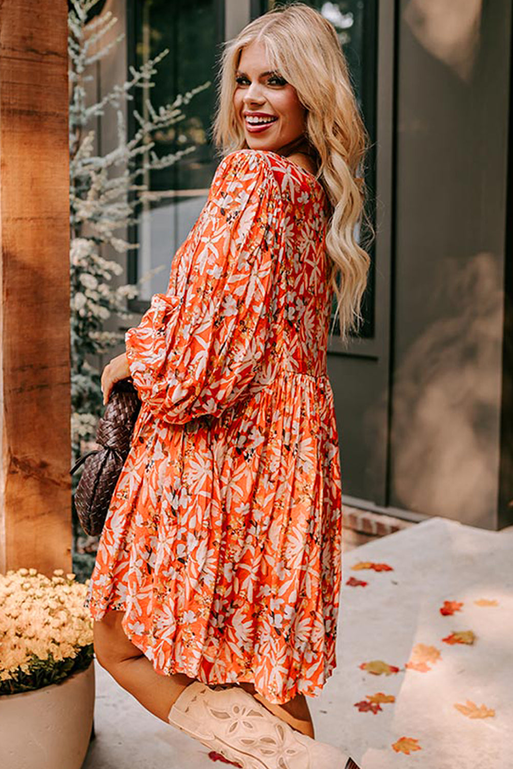 Orange Floral Print Split V Neck Bubble Sleeve Plus Size Midi Dress - Plus Size Dresses