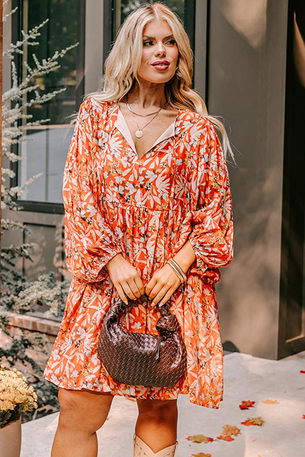 Orange Floral Print Split V Neck Bubble Sleeve Plus Size Midi Dress - Plus Size Dresses