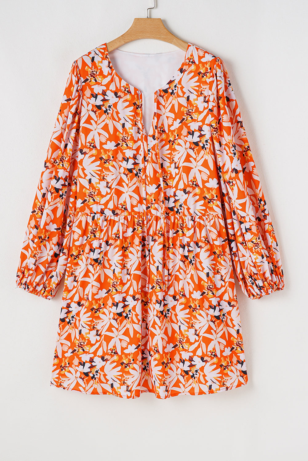 Orange Floral Print Split V Neck Bubble Sleeve Plus Size Midi Dress - Plus Size Dresses