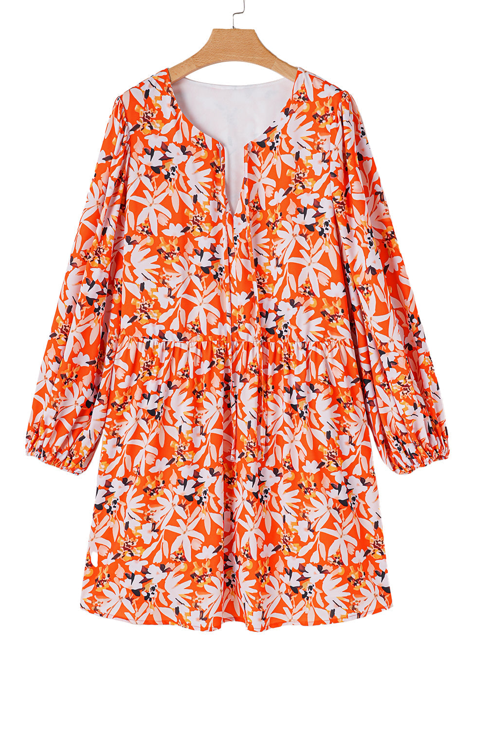 Orange Floral Print Split V Neck Bubble Sleeve Plus Size Midi Dress - Plus Size Dresses