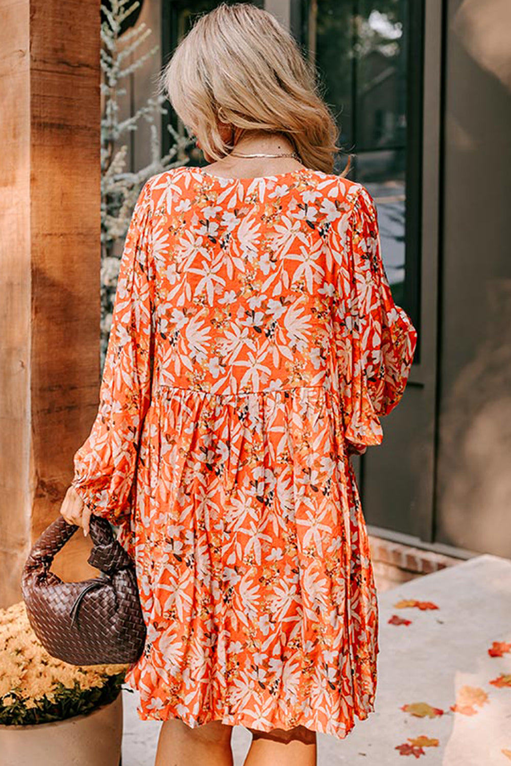 Orange Floral Print Split V Neck Bubble Sleeve Plus Size Midi Dress - Plus Size Dresses