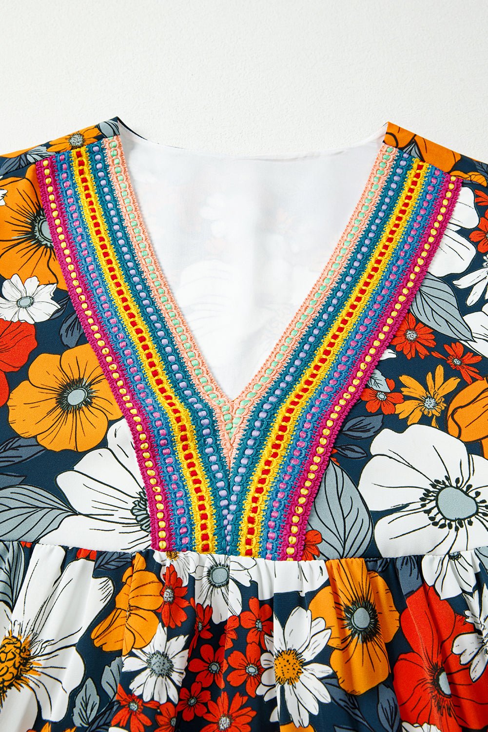 Orange Floral Print Striped Lace V Neck Long Sleeve Mini Dress - MAD RUFFI