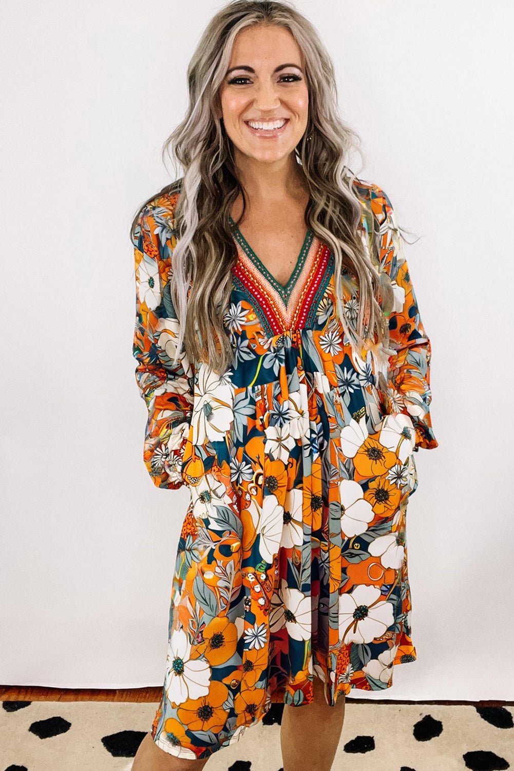 Orange Floral Print Striped Lace V Neck Long Sleeve Mini Dress - MAD RUFFI