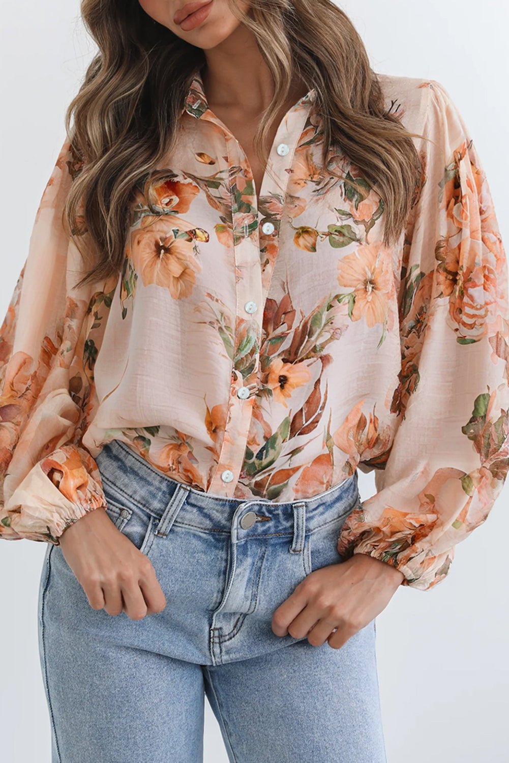 Orange Floral Puff Sleeve Lightweight Shirt - MAD RUFFI