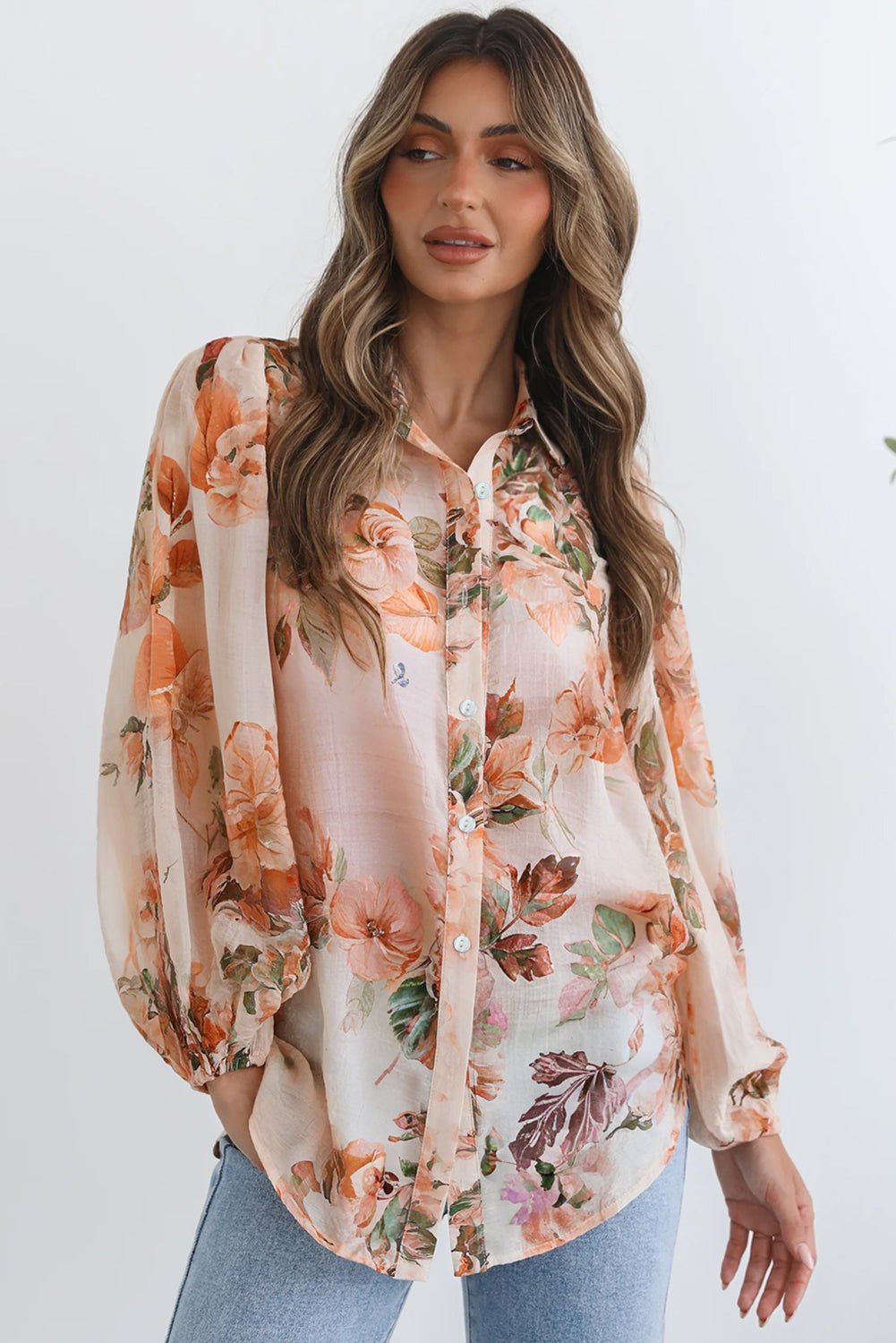 Orange Floral Puff Sleeve Lightweight Shirt - MAD RUFFI