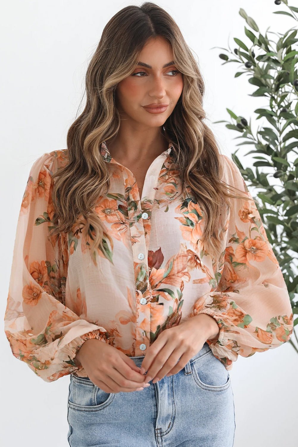 Orange Floral Puff Sleeve Lightweight Shirt - MAD RUFFI