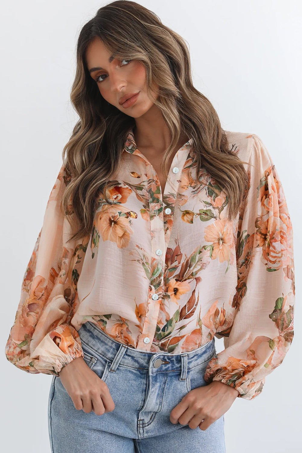 Orange Floral Puff Sleeve Lightweight Shirt - MAD RUFFI