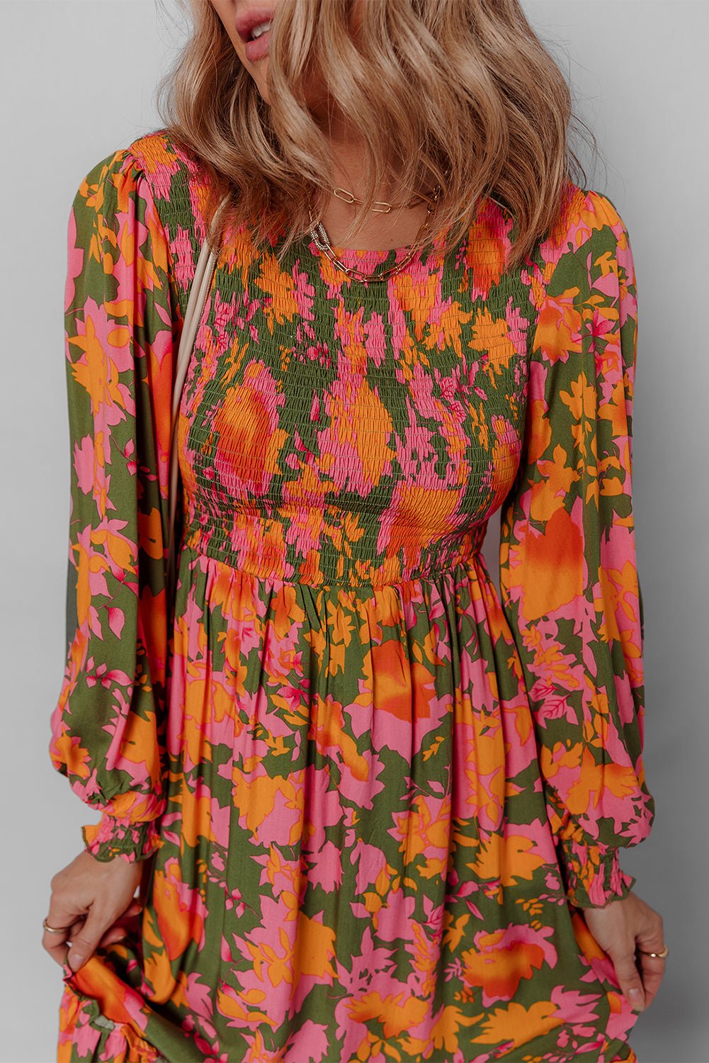 Orange Floral Puff Sleeve Smocked Bodice Frill Tiered Dress - MAD RUFFI