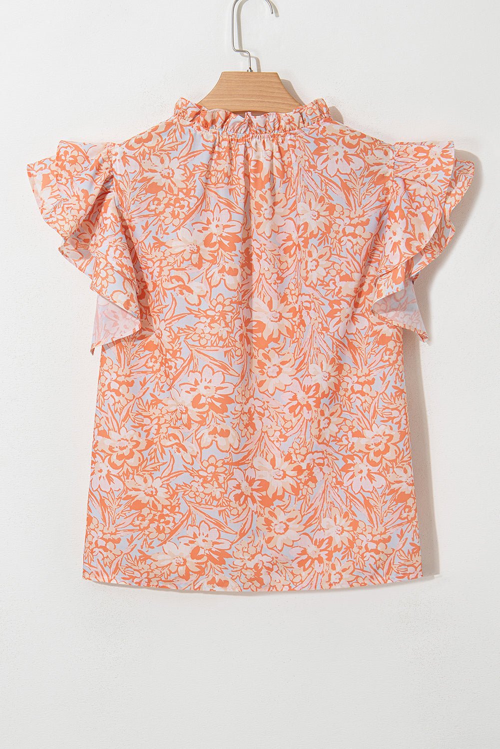 Orange Floral Ruffle Sleeve Split Neck Blouse - MAD RUFFI