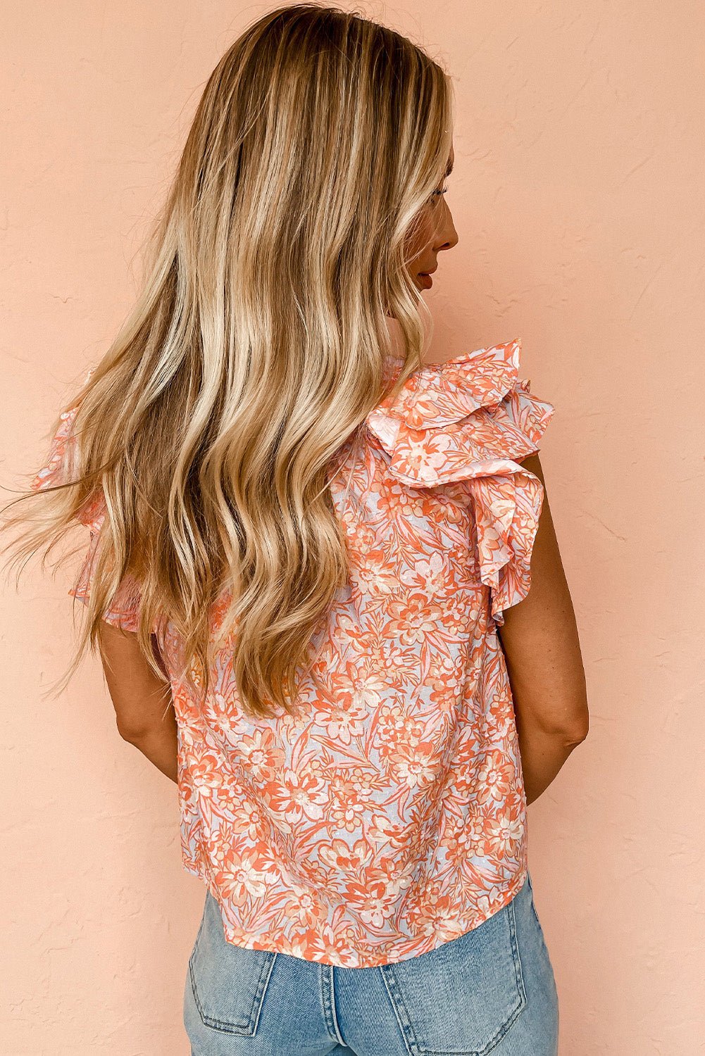 Orange Floral Ruffle Sleeve Split Neck Blouse - MAD RUFFI