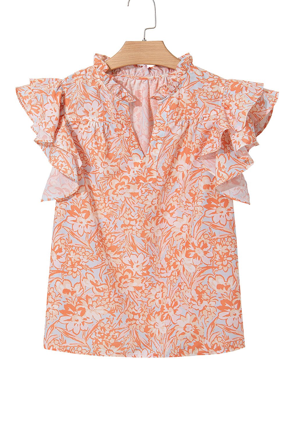 Orange Floral Ruffle Sleeve Split Neck Blouse - MAD RUFFI