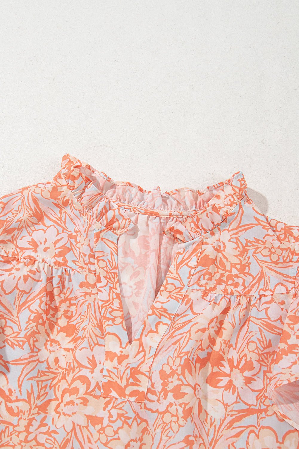 Orange Floral Ruffle Sleeve Split Neck Blouse - MAD RUFFI