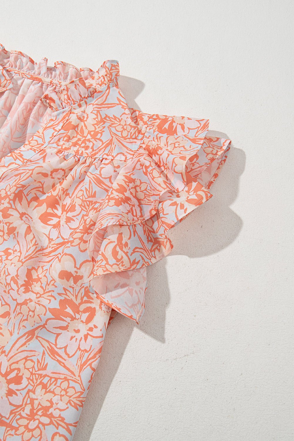 Orange Floral Ruffle Sleeve Split Neck Blouse - MAD RUFFI