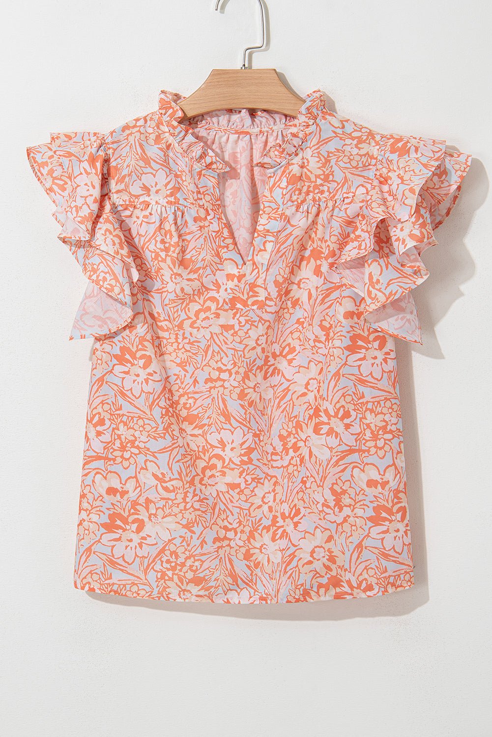 Orange Floral Ruffle Sleeve Split Neck Blouse - MAD RUFFI