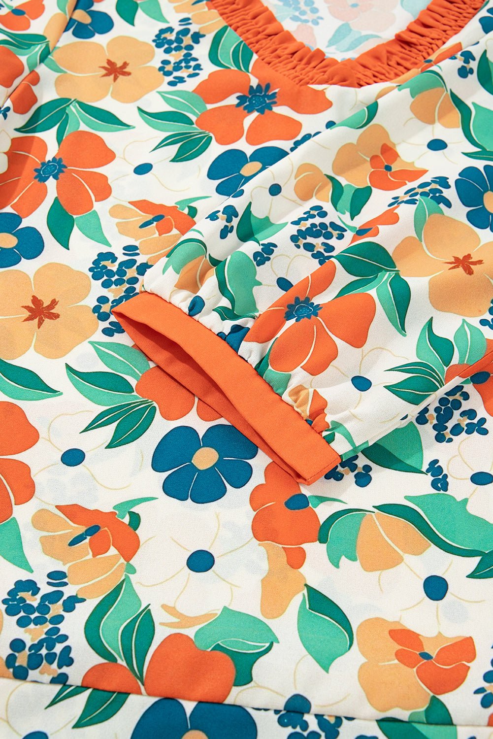 Orange Frilled V Neck Floral Print Bracelet Sleeve Blouse - MAD RUFFI