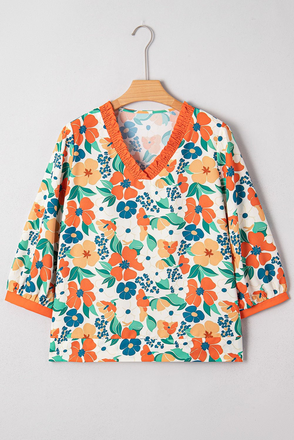 Orange Frilled V Neck Floral Print Bracelet Sleeve Blouse - MAD RUFFI
