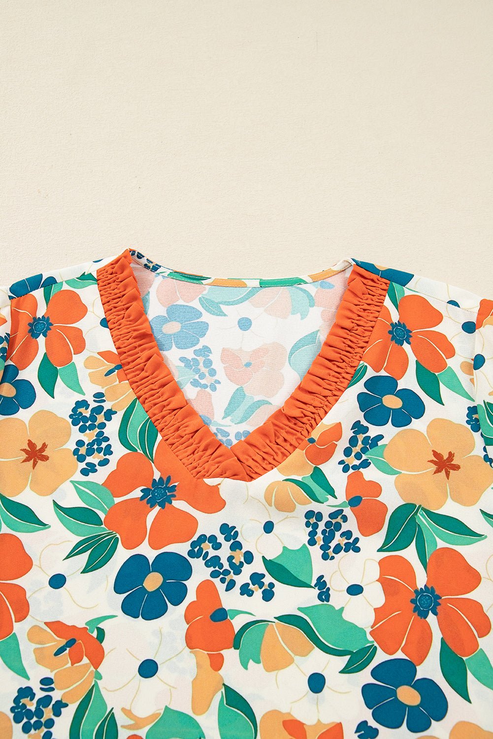 Orange Frilled V Neck Floral Print Bracelet Sleeve Blouse - MAD RUFFI