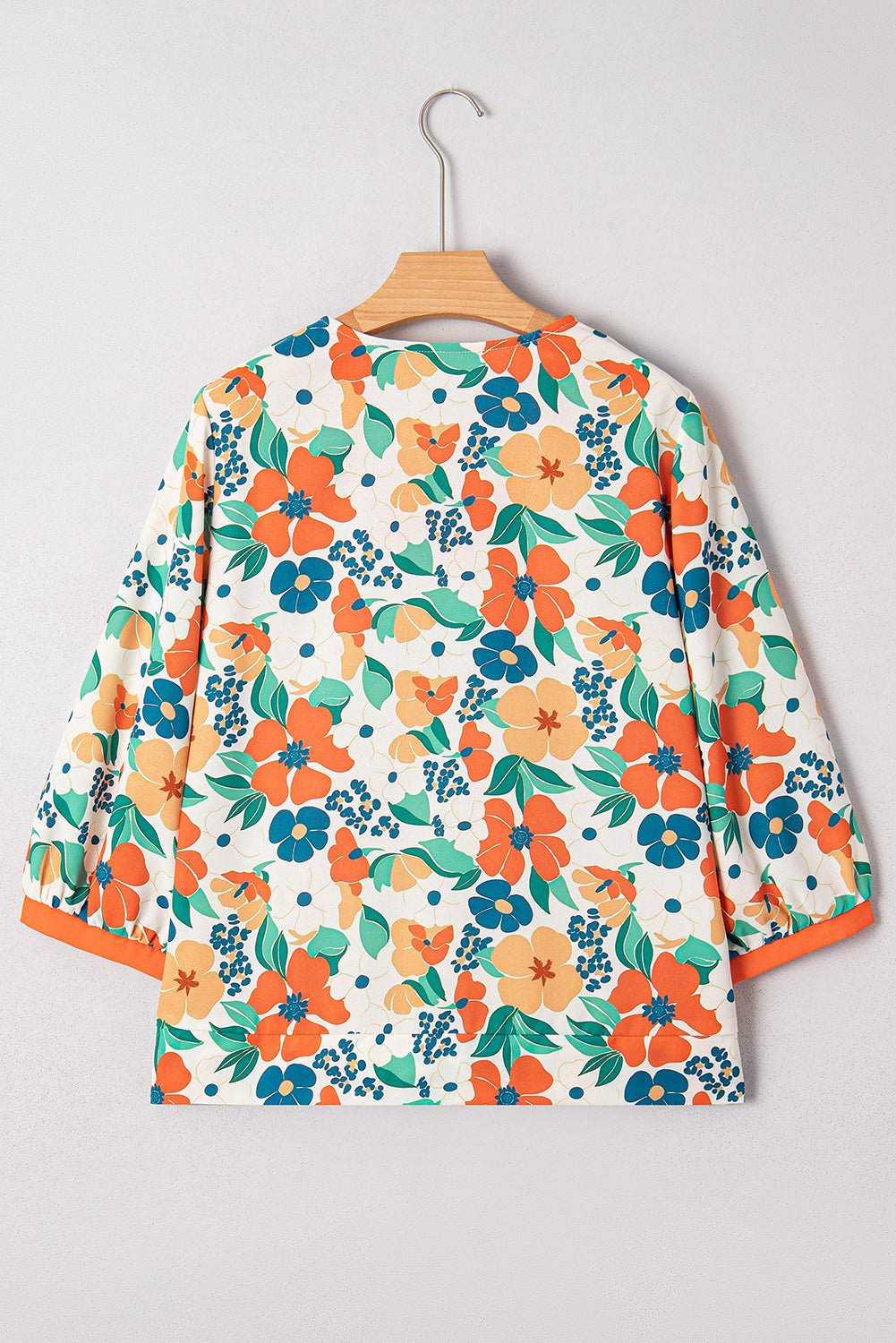 Orange Frilled V Neck Floral Print Bracelet Sleeve Blouse - MAD RUFFI