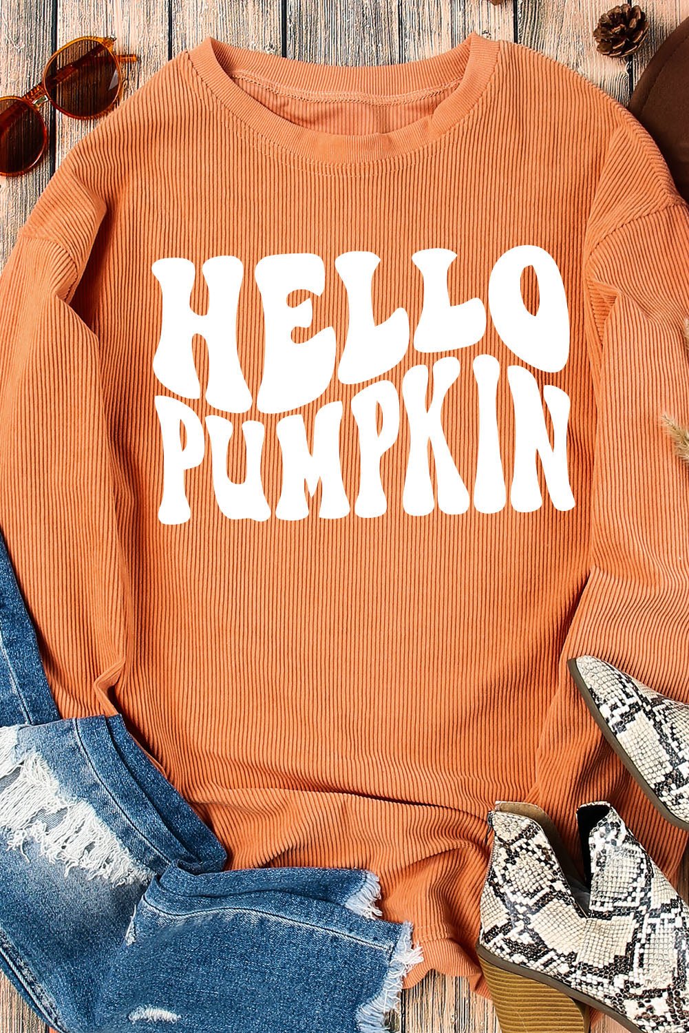 Orange HELLO PUMPKIN Letter Graphic Corded Sweatshirt - MAD RUFFI