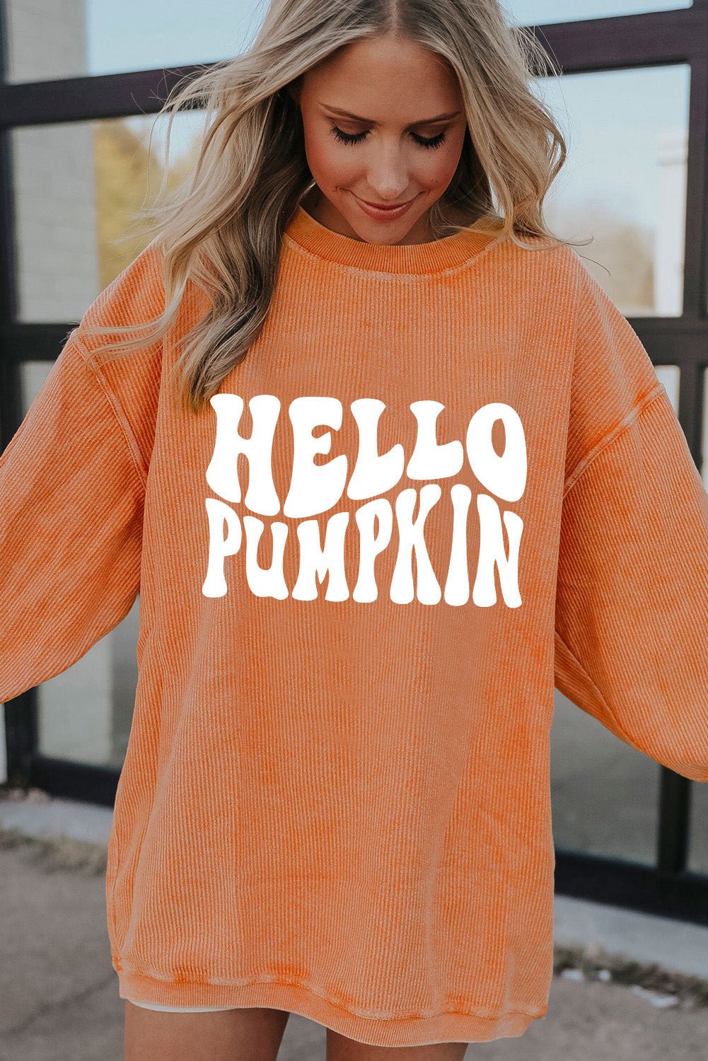 Orange HELLO PUMPKIN Letter Graphic Corded Sweatshirt - MAD RUFFI