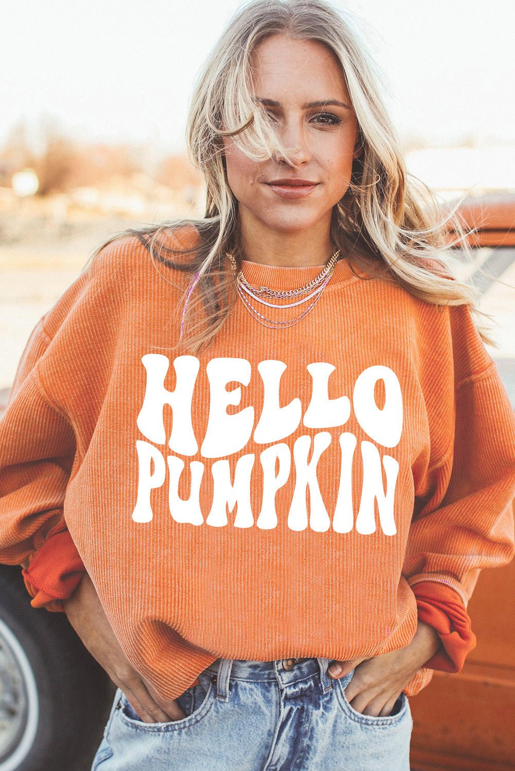 Orange HELLO PUMPKIN Letter Graphic Corded Sweatshirt - MAD RUFFI