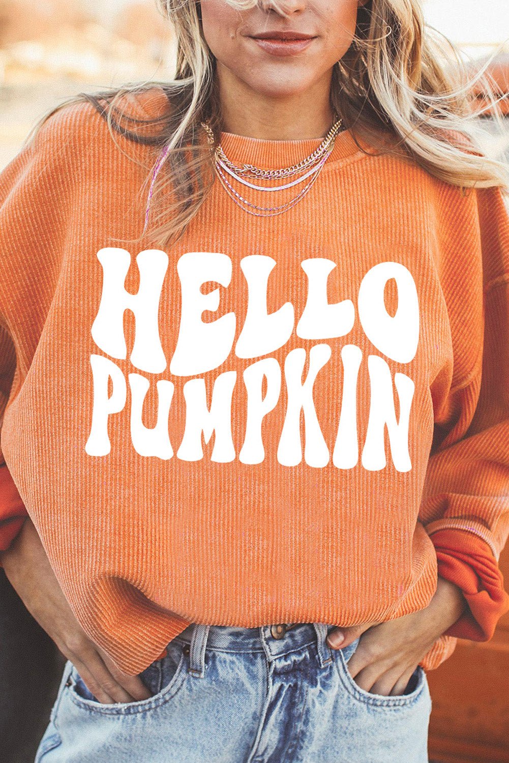 Orange HELLO PUMPKIN Letter Graphic Corded Sweatshirt - MAD RUFFI