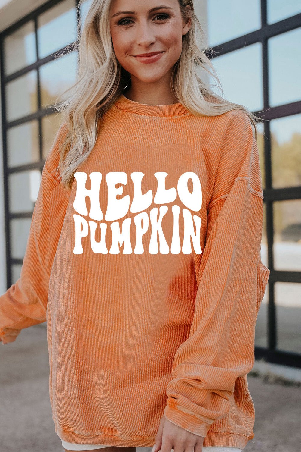 Orange HELLO PUMPKIN Letter Graphic Corded Sweatshirt - MAD RUFFI