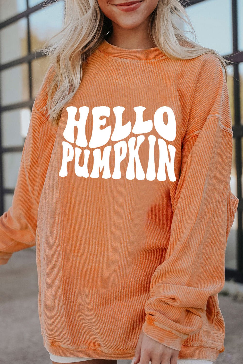 Orange HELLO PUMPKIN Letter Graphic Corded Sweatshirt - MAD RUFFI