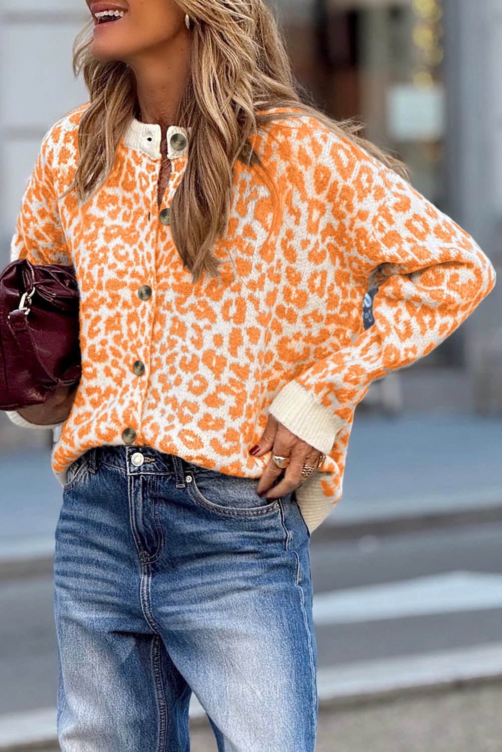Orange Leopard Drop Shoulder Knitted Cardigan - MAD RUFFI