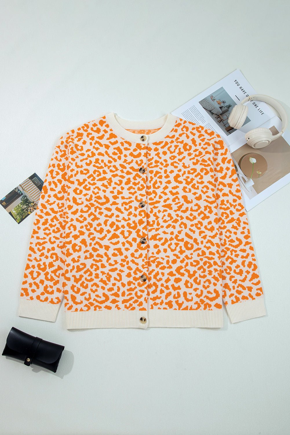 Orange Leopard Drop Shoulder Knitted Cardigan - MAD RUFFI