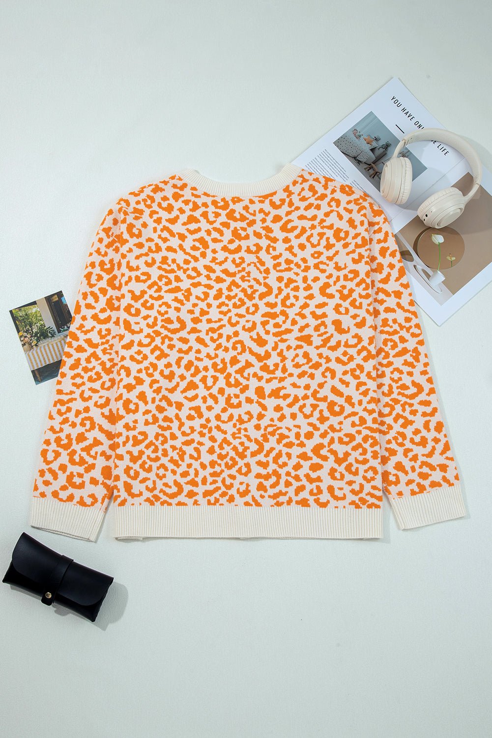 Orange Leopard Drop Shoulder Knitted Cardigan - MAD RUFFI