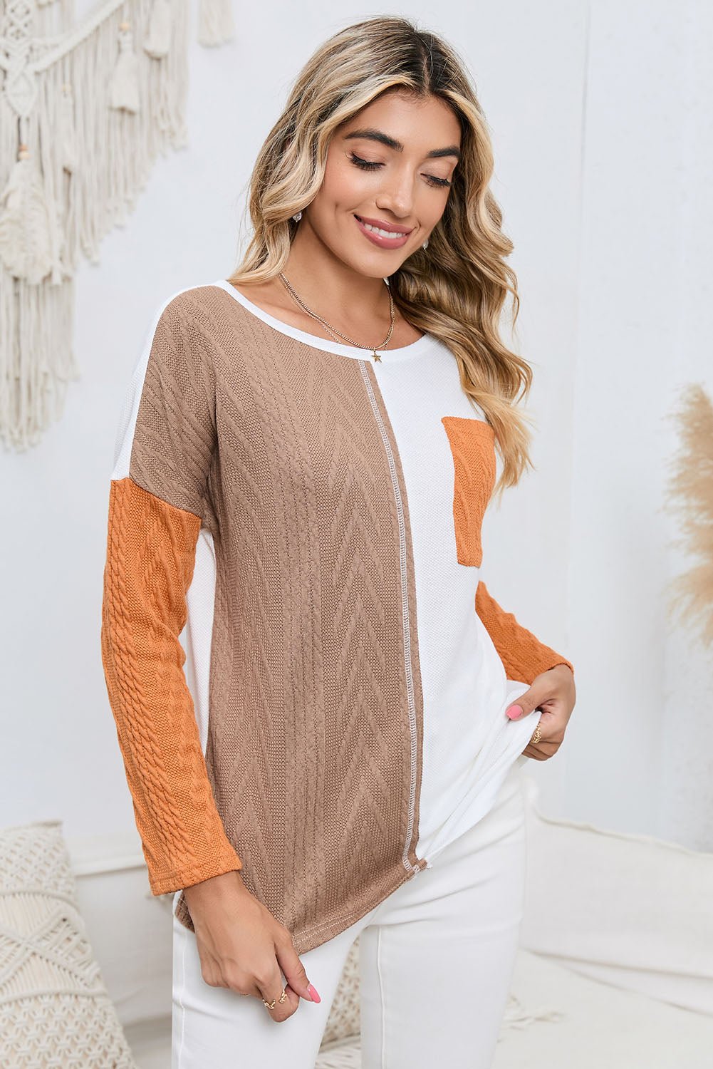 Orange Long Sleeve Colorblock Chest Pocket Textured Knit Top - MAD RUFFI