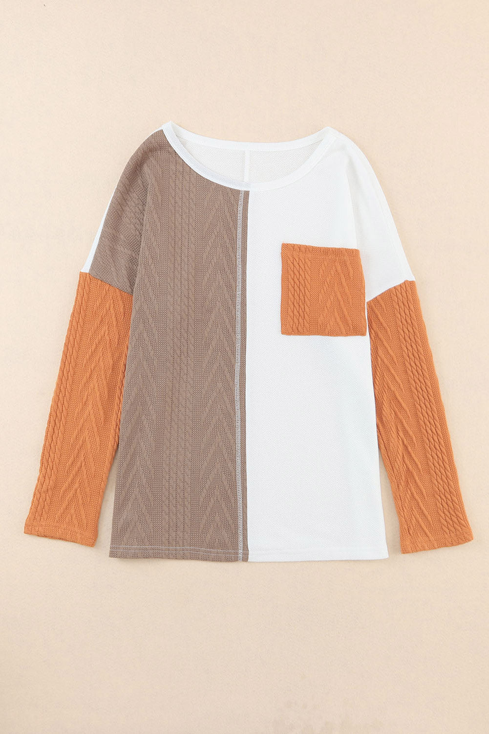 Orange Long Sleeve Colorblock Chest Pocket Textured Knit Top - MAD RUFFI