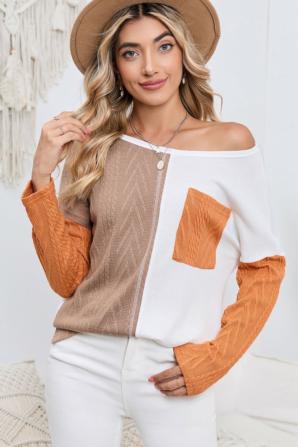 Orange Long Sleeve Colorblock Chest Pocket Textured Knit Top - MAD RUFFI