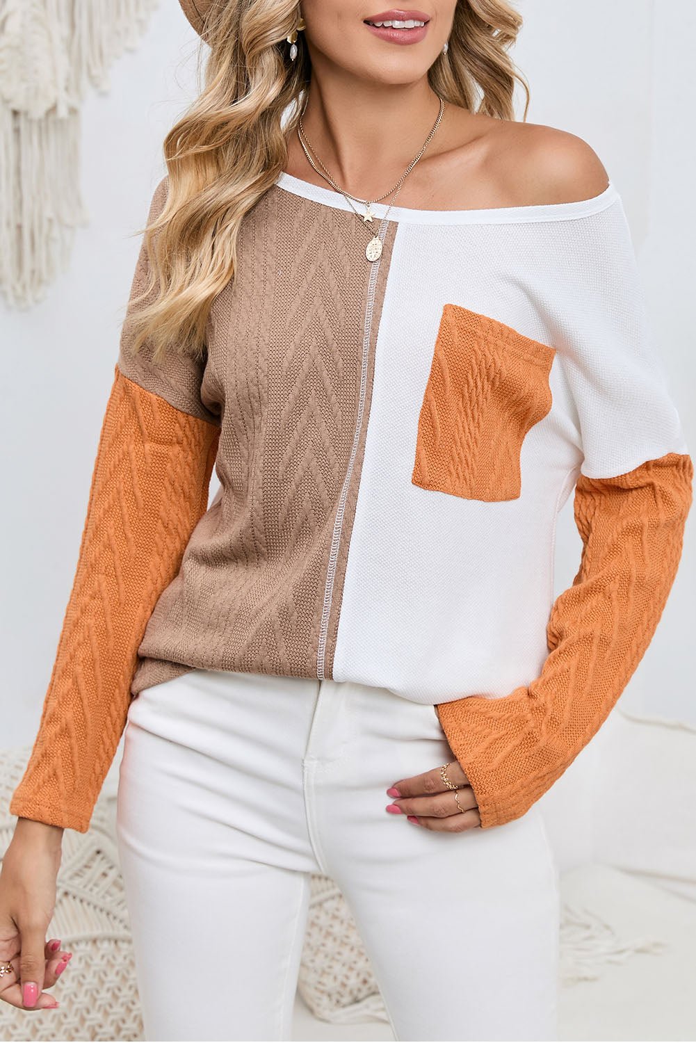 Orange Long Sleeve Colorblock Chest Pocket Textured Knit Top - MAD RUFFI