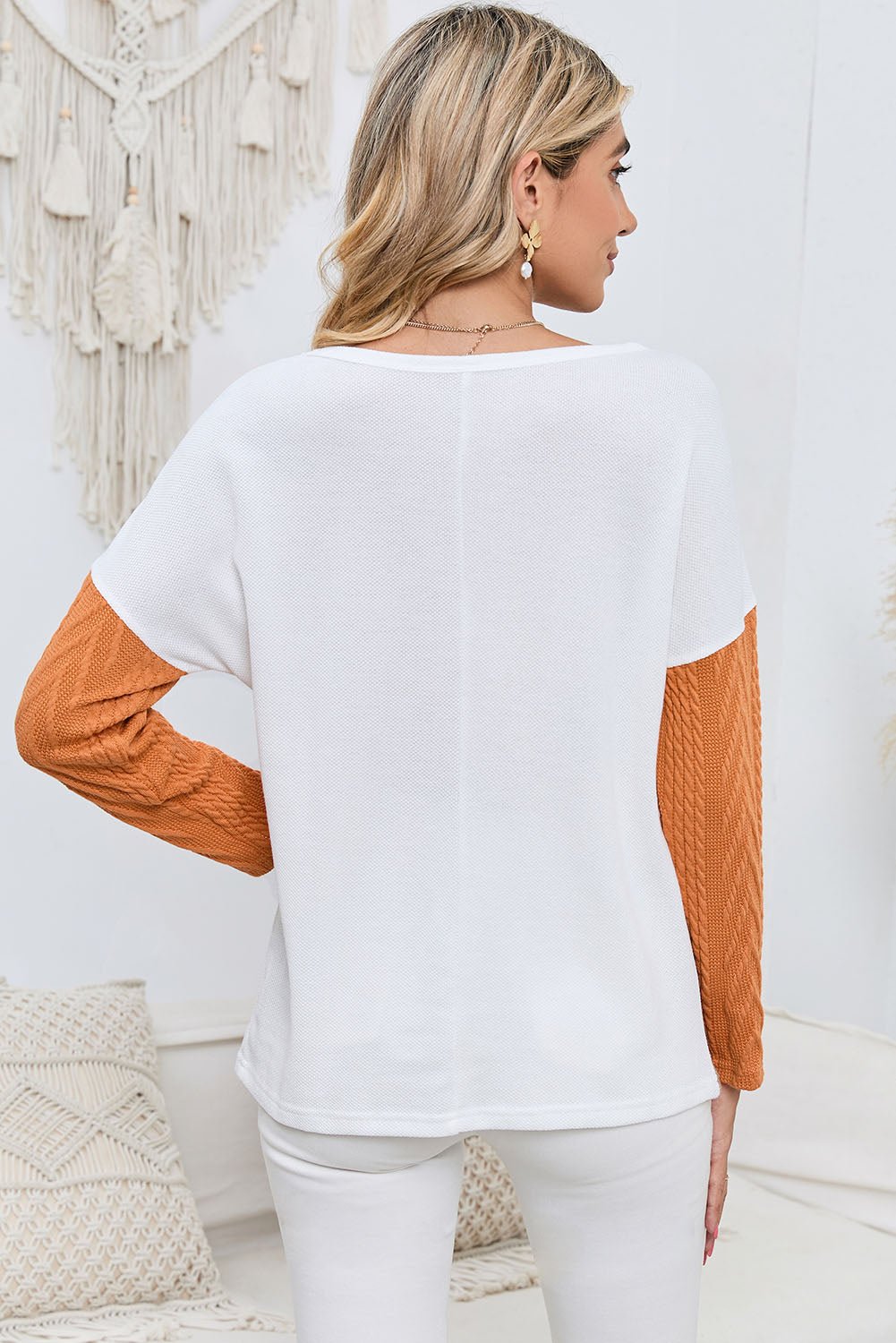 Orange Long Sleeve Colorblock Chest Pocket Textured Knit Top - MAD RUFFI