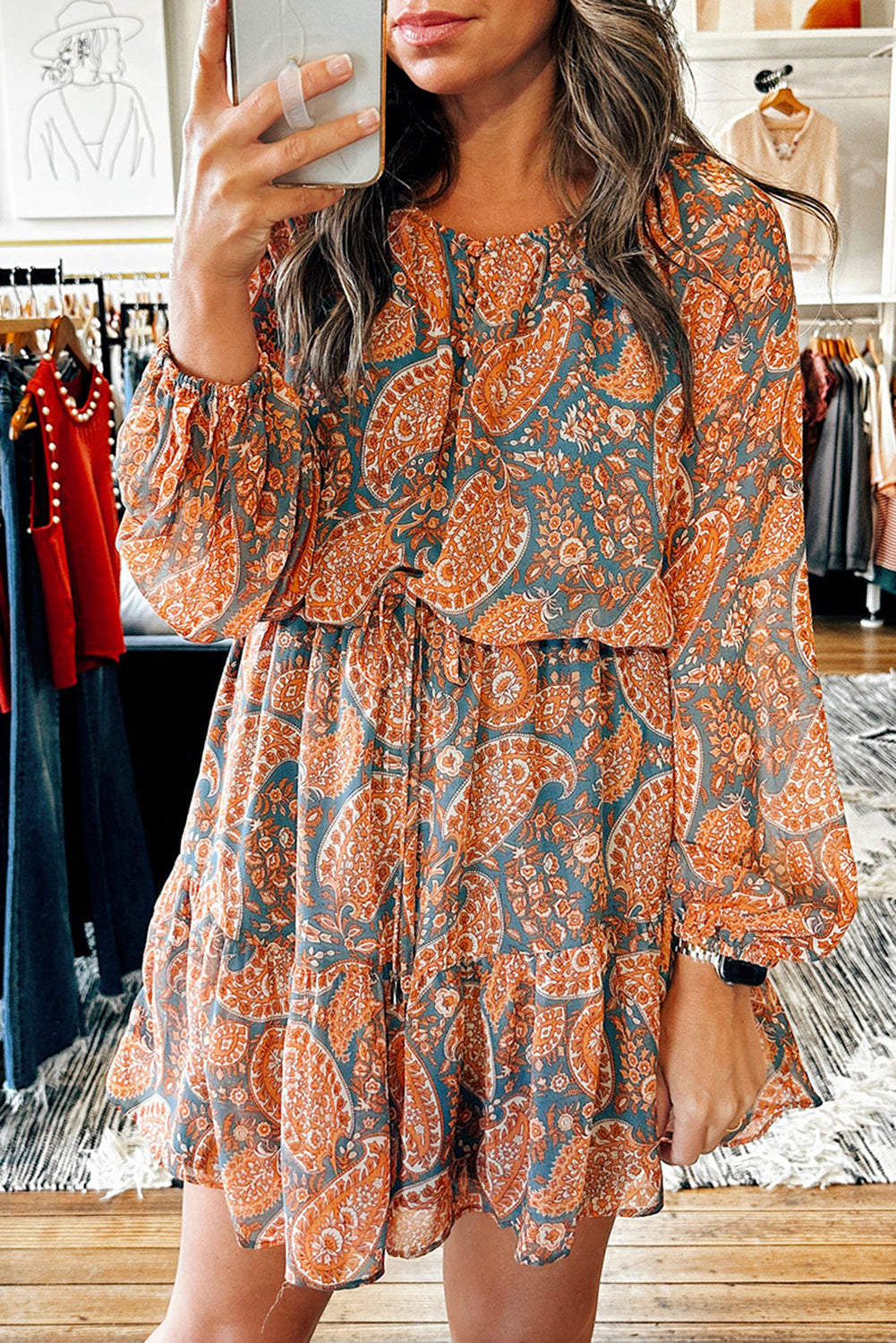 Orange Paisley Print Loose Fit Drawstring High Waist Mini Dress - MAD RUFFI