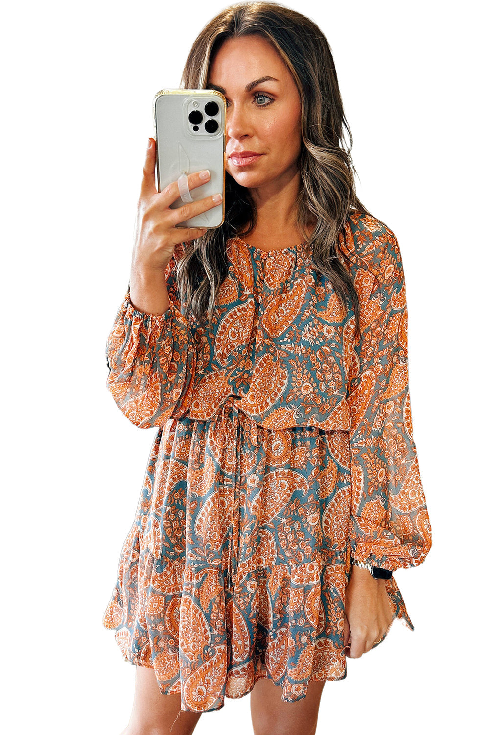 Orange Paisley Print Loose Fit Drawstring High Waist Mini Dress - MAD RUFFI