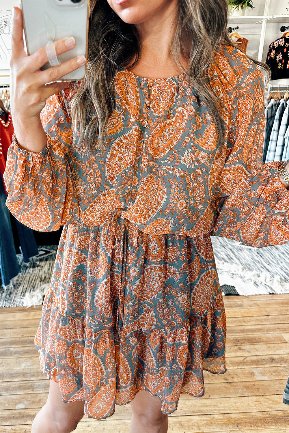 Orange Paisley Print Loose Fit Drawstring High Waist Mini Dress - MAD RUFFI