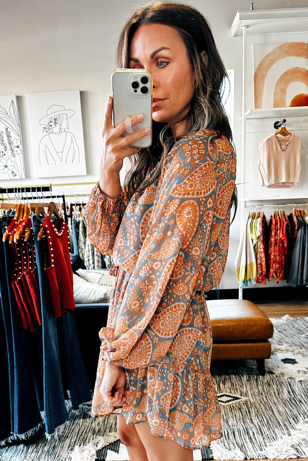 Orange Paisley Print Loose Fit Drawstring High Waist Mini Dress - MAD RUFFI