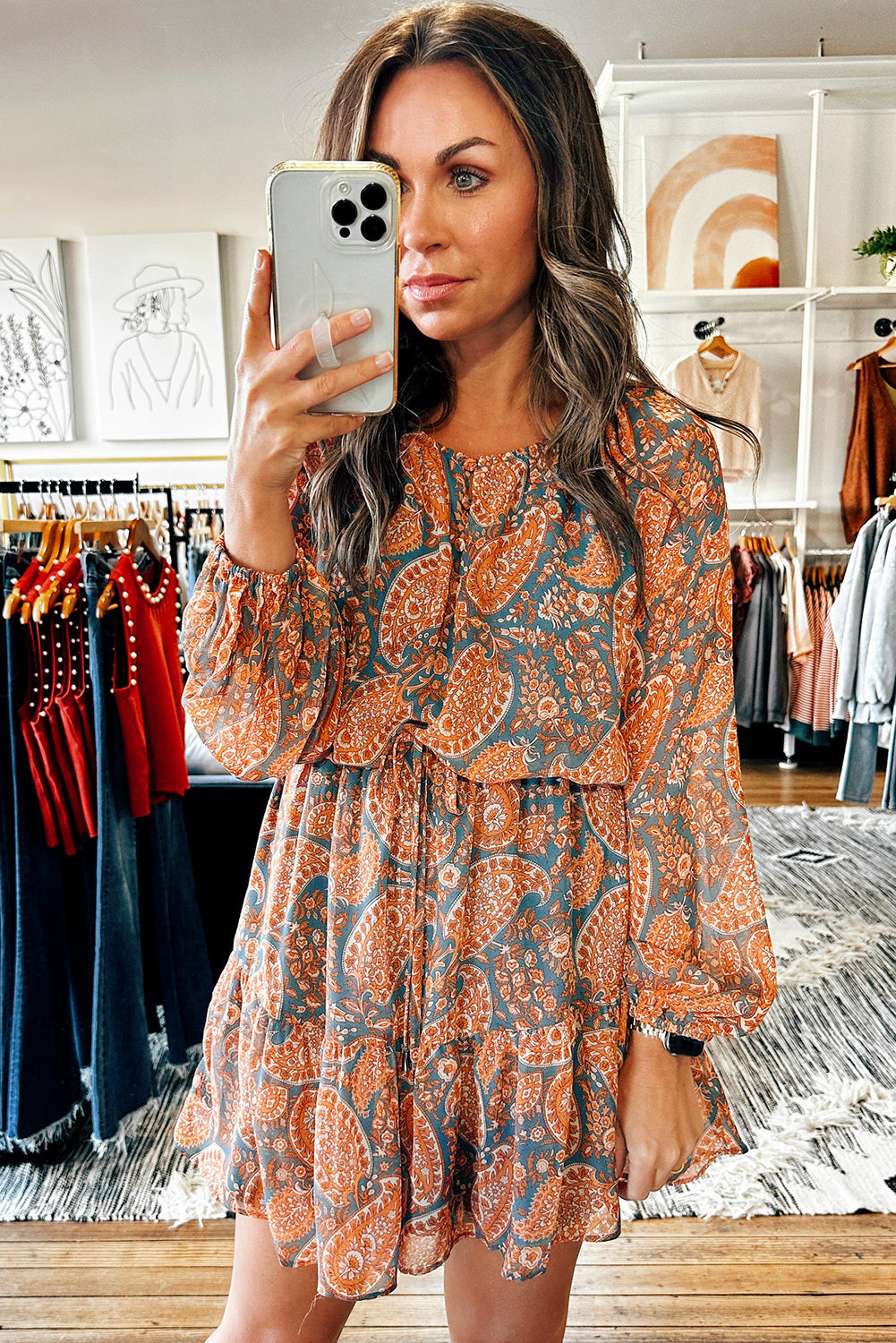 Orange Paisley Print Loose Fit Drawstring High Waist Mini Dress - MAD RUFFI