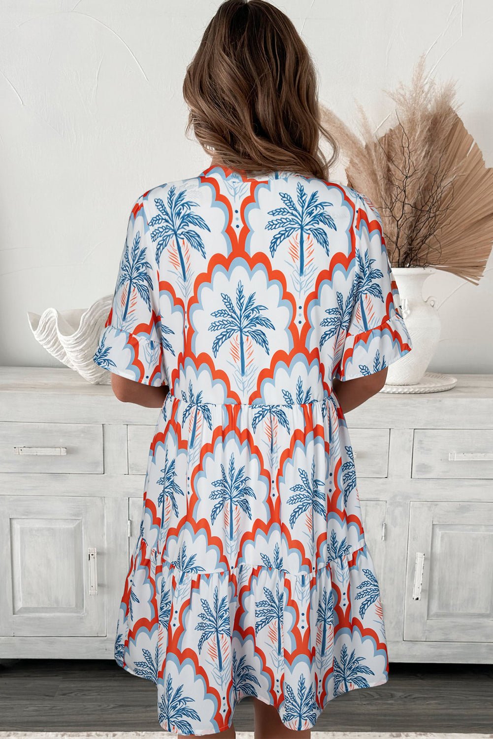 Orange Palm Tree Print Short Sleeve Flowy Dress - MAD RUFFI
