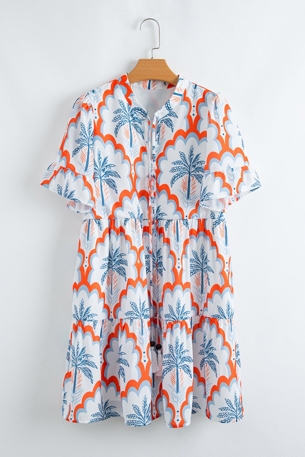 Orange Palm Tree Print Short Sleeve Flowy Dress - MAD RUFFI