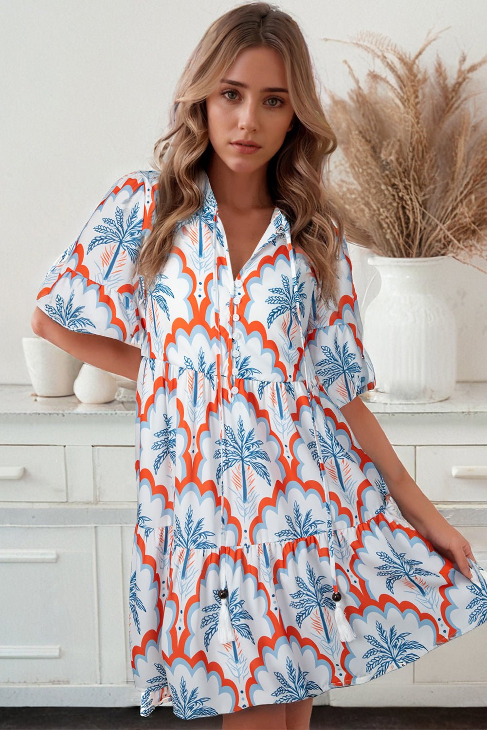 Orange Palm Tree Print Short Sleeve Flowy Dress - MAD RUFFI