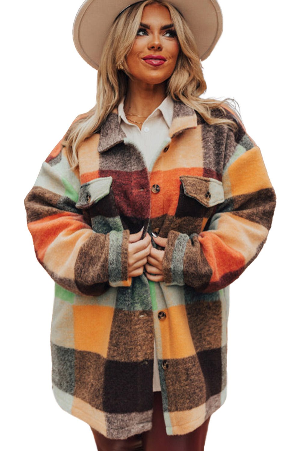Orange Plaid Print Flap Pocket Shacket - MAD RUFFI